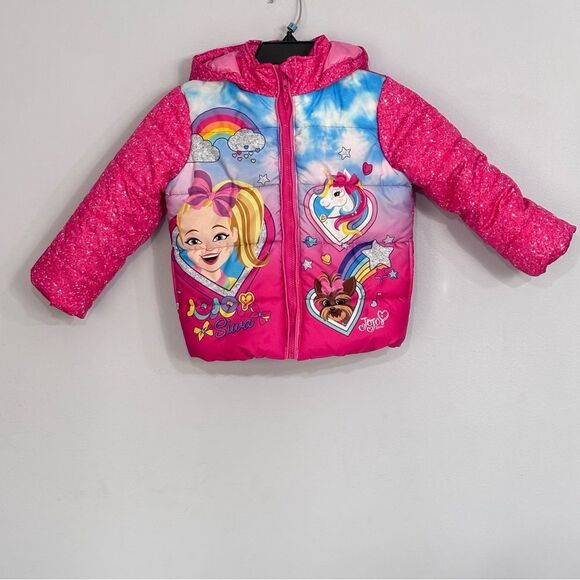 Jojo Siwa | Girls Pink Splatter Unicorn Rainbow Winter Puffer Coat Size 5 - Picture 1 of 16